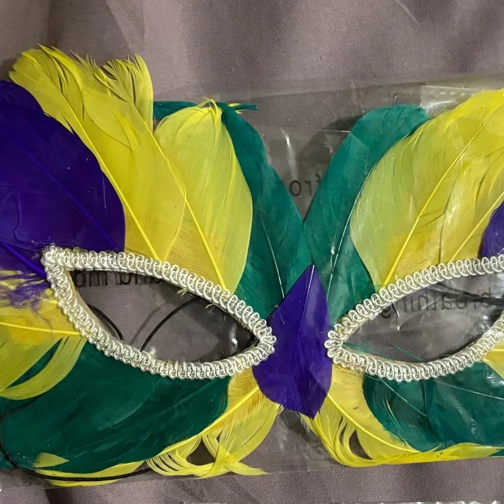Mardi Gras Style Feather Party Mask - Yellow Green Purple